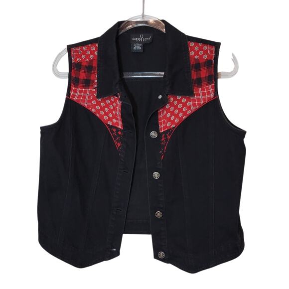Carole Little Sport Red Black Patchwork Sleeveless Denim Button Down Vest Size L - Picture 5 of 9